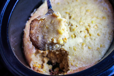 scooping Crock Pot corn casserole