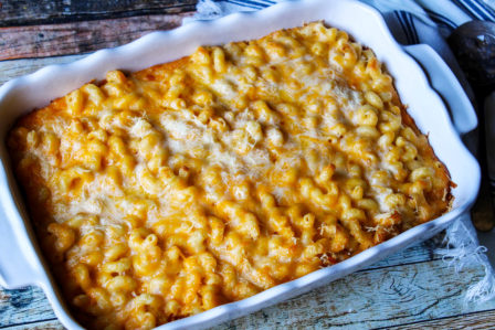 Baking dish of macaroni and cheese