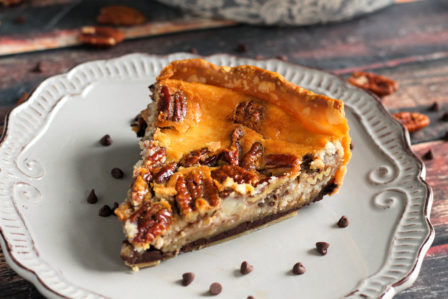 Holiday baking recipe chocolate pecan cheesecake pie